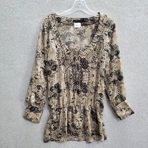 BCBGMAZAZRIA Women Top Small Brown Floral Blouse Tunic Peplum Beaded Sequins